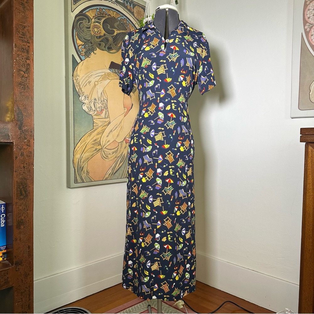 David Dart Maxi Fit & Flare Dress Womens Large Novelty Beach Vacation Summer